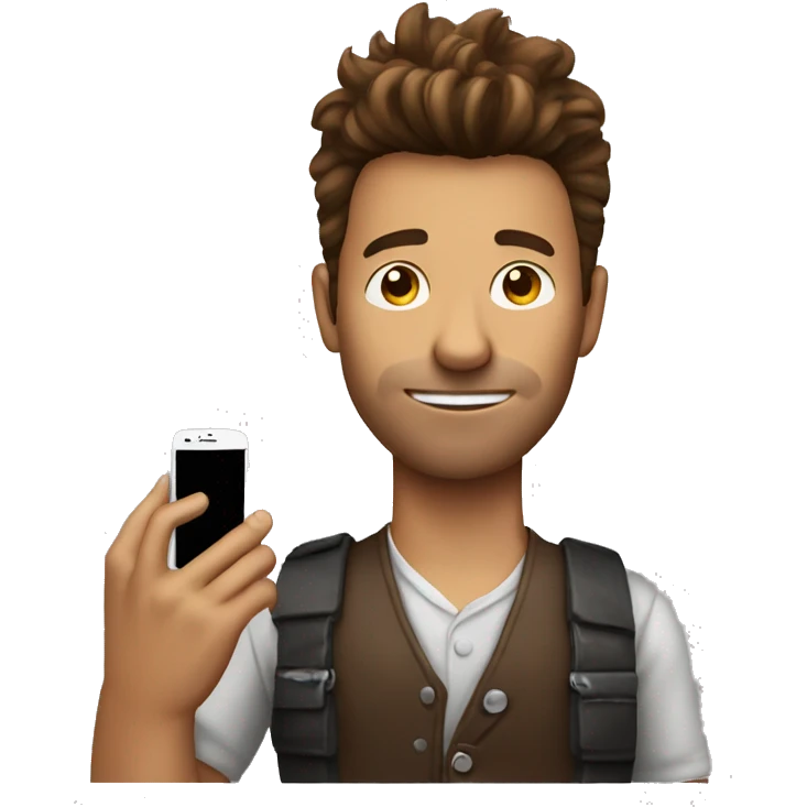 Brown hair man with faux hawk holding iPhone emoji