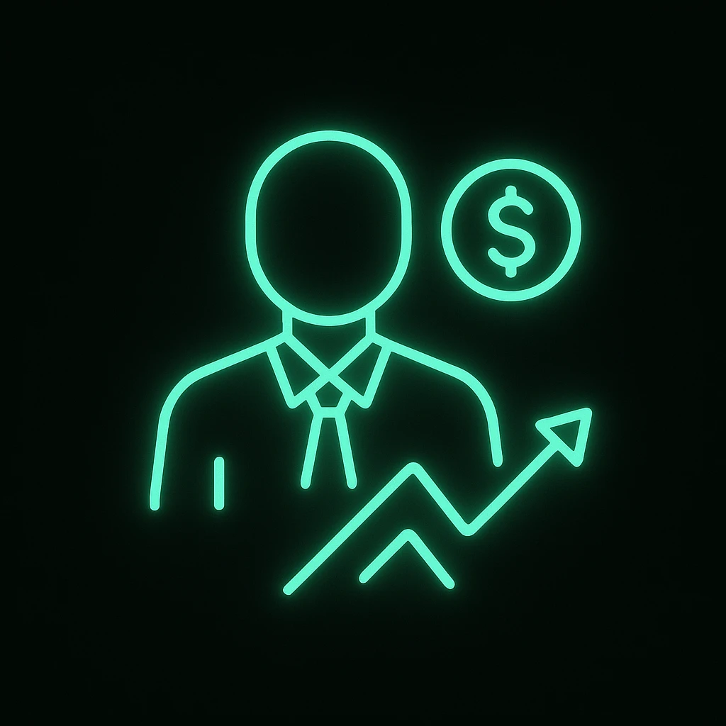 minimalist neon icon of a risky trader, using color #0BD794, simple lines, glowing effect emoji