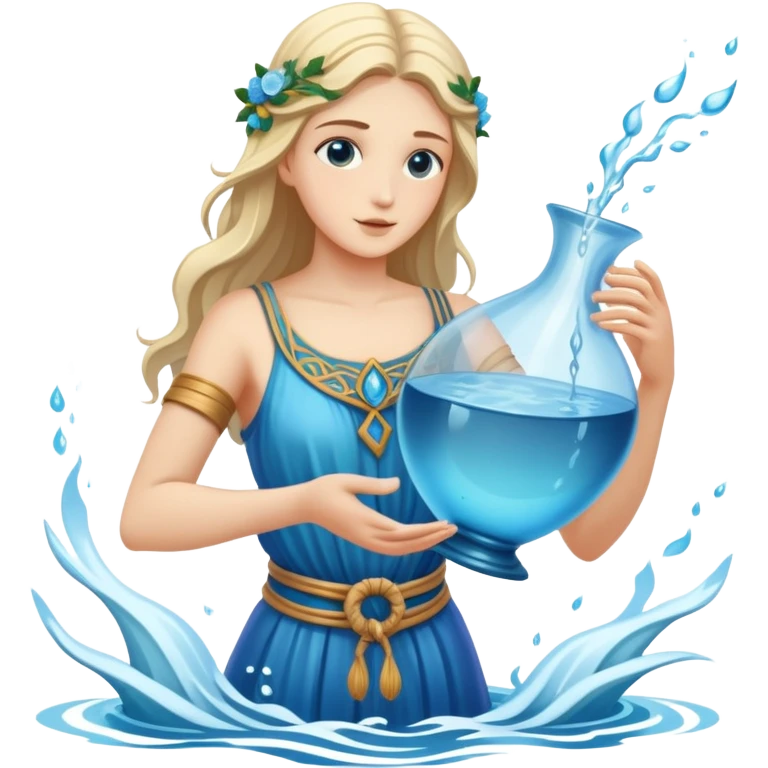 The zodiac symbol Aquarius. A mystical and beautiful water bearer, holding and pouring water from a large, intricate, and arcane vase into the sea emoji