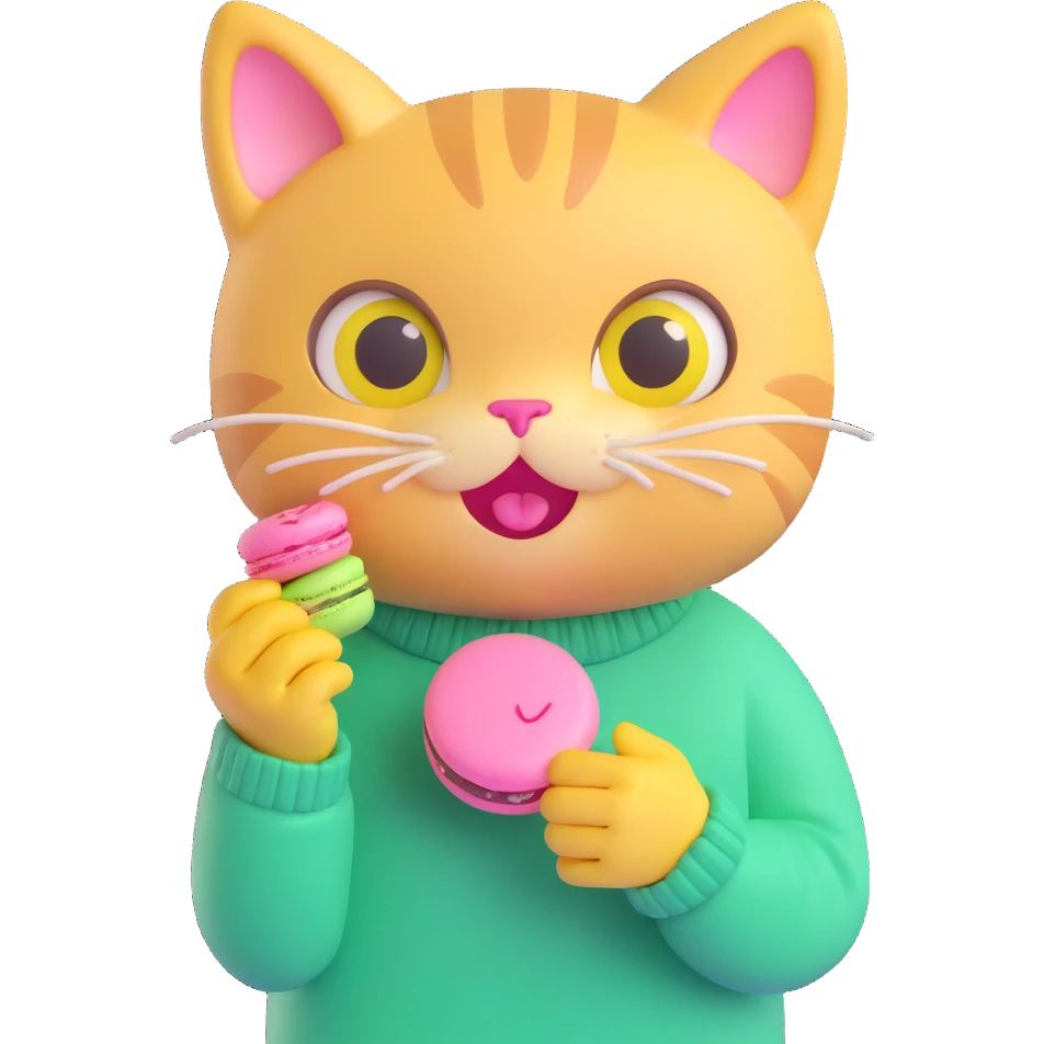 cute cat with big eyes, wearing a green sweater with yellow smiley faces, holding a pink macaron, soft and shiny, inspired by Apple emoji aesthetics, 3D iOS style emoji, variation 1 emoji