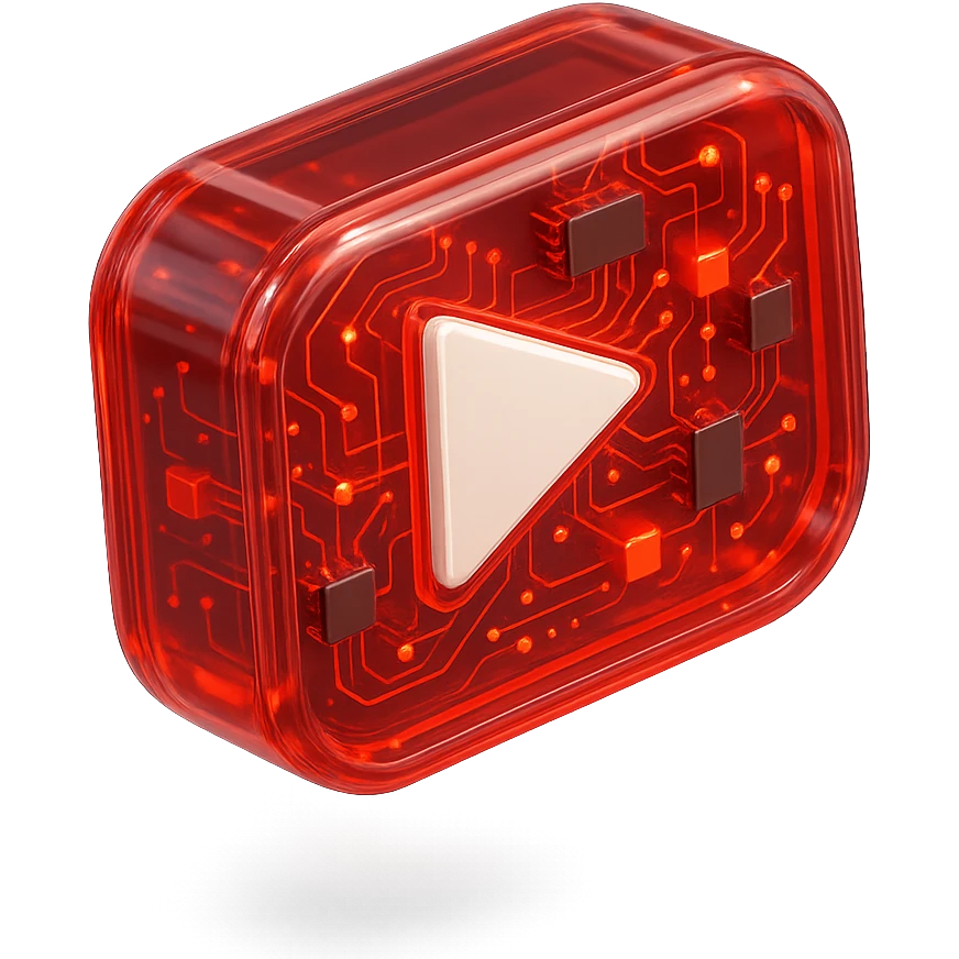 YouTube play button, white, centered, red background, glossy circuit style emoji