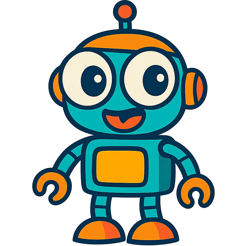 vibrant toon style AI bot with big eyes and silly expression emoji