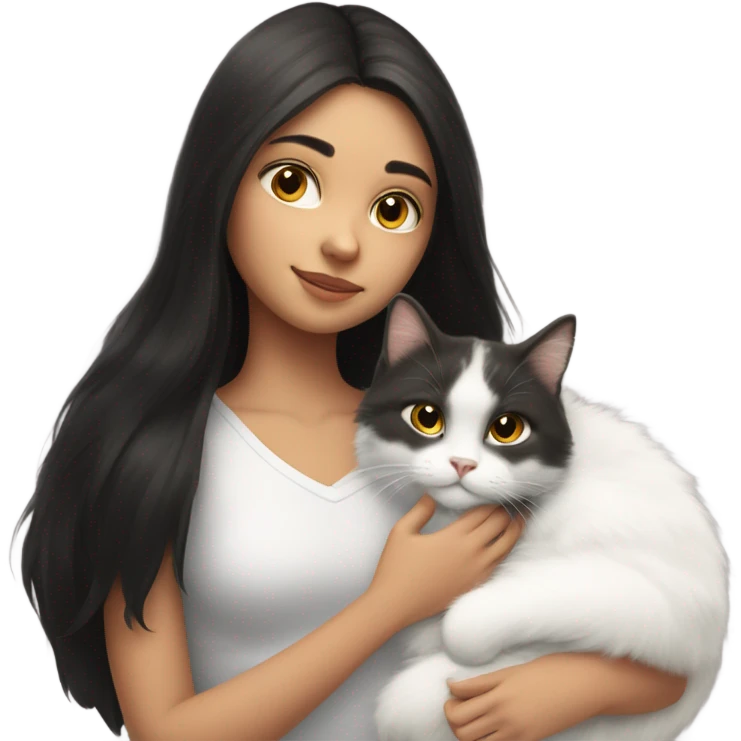 A girl with long dark hair and a white fluffy cat is lying on her left shoulder and neck emoji