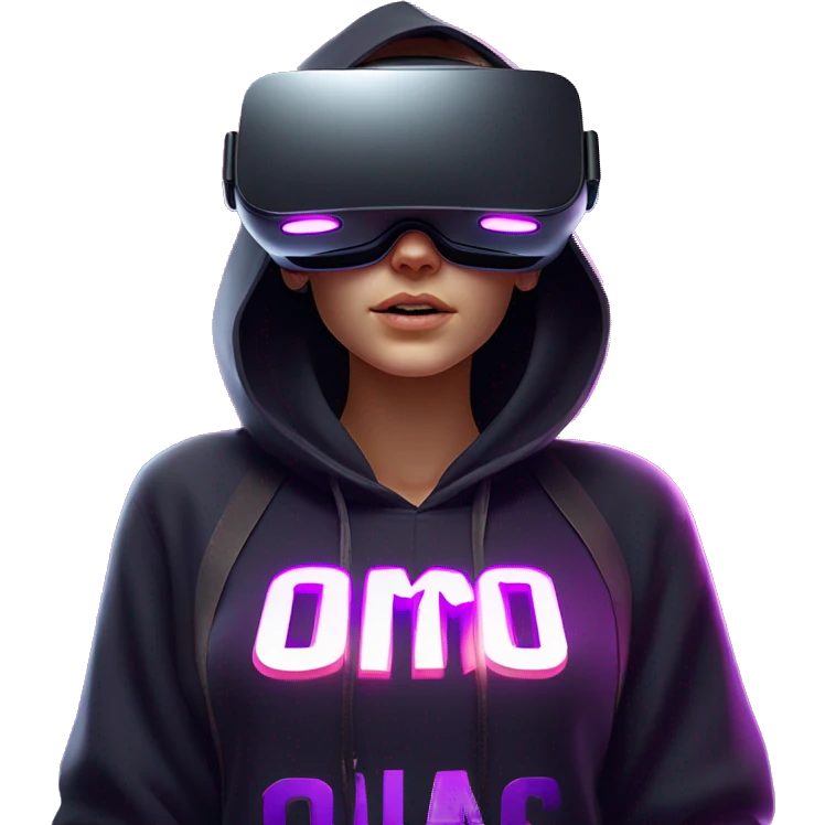Russian girl wearing black hoody with violet letters "OMG", in vr headset oculus quest2. Standing like jedi. Cyberpunk style. Violet neon. emoji