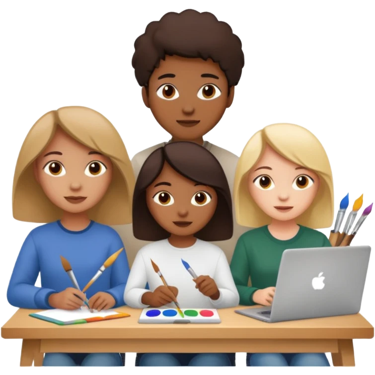 three diverse design students working on creative project with art supplies and laptops emoji
