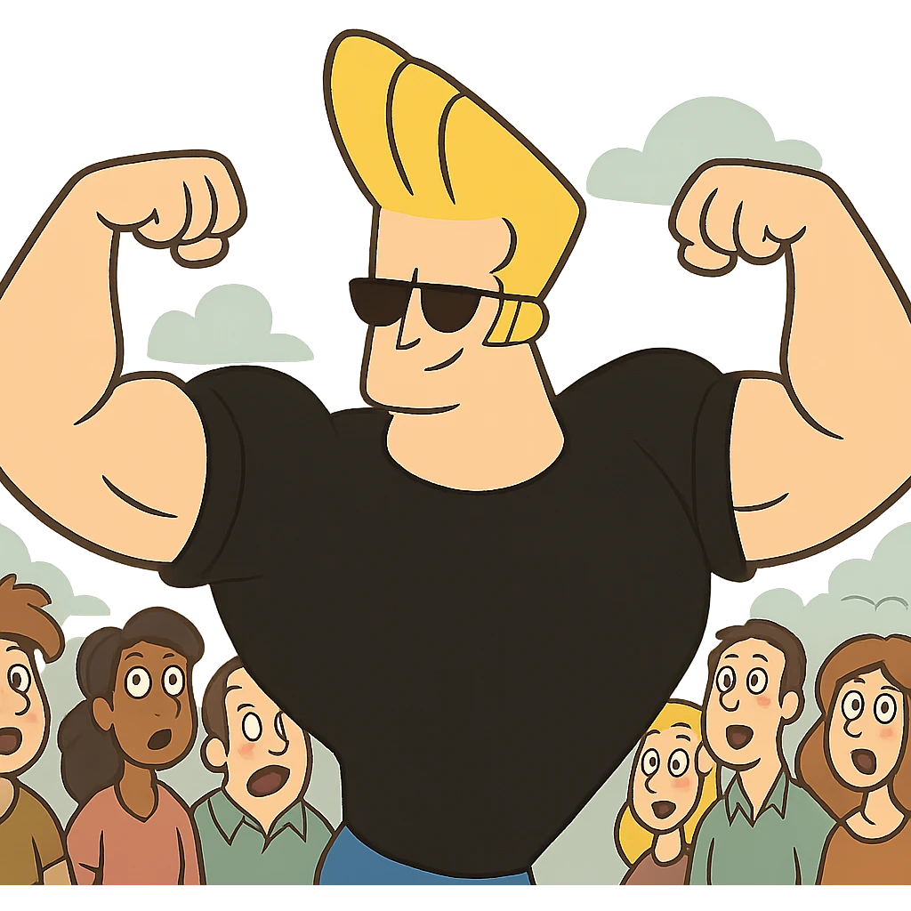 johnny bravo cartoon character, flexing in front of a crowd, cartoon style emoji