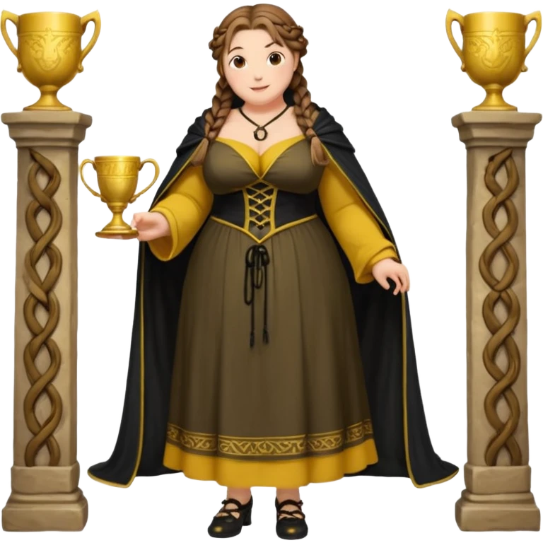 Helga Hufflepuff,brown-haired,2 braids,yellow-black medieval open dress,deep neckline,fat macromastia,black cloak decorated with gold braiding,gold cup with two handles,very kind smile,curvy busty sweet woman,round rosy cheeks,full length with medieval shoes emoji