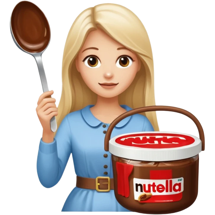 Nutella with a spoon. The glas of Nutella is almost empty . Next to the Nutella is the head of a blond woman who is looking forward to eat the Nutella. The hair of the woman needs to be longer. She is holding a big carriage of Nutella in her right hand and a oversized spoon in the other  emoji