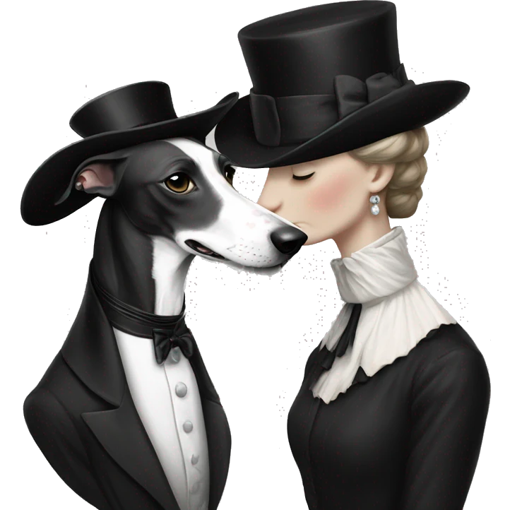 Two aristocrat dog black and white galgo kiss with women  emoji