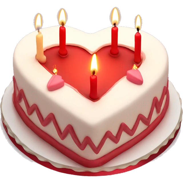 Red heart shaped birthday cake, top view, 4 candles emoji