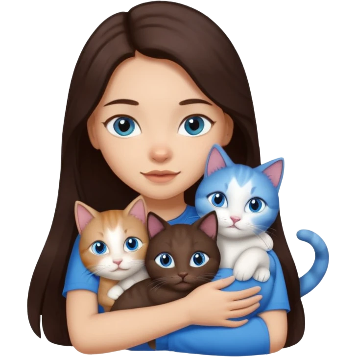 a girl with long dark 
brown hair, with blue eyes, hugs 3 different natural coloured cats emoji