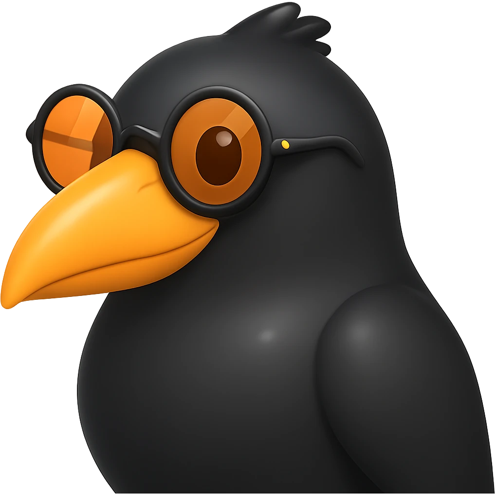 Make the bird emoji more emoji-like but keep the detailed, slightly cartoonish style of the reference. Smooth out the feather texture just a bit, add a subtle emoji shine, and keep the orange beak and round sunglasses. No background. emoji