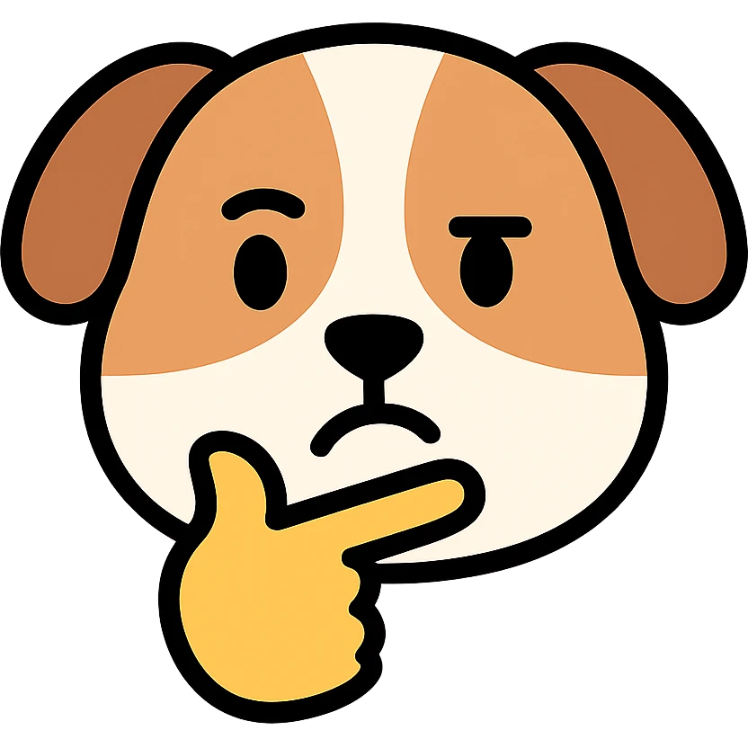 cute brown and white dog with a thinking face emoji