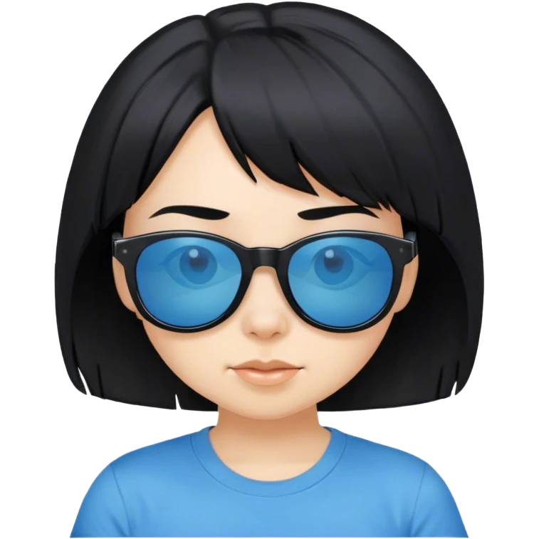 A girl with black bob hair with pony, wearing black sunglasses，funny(0.5) face (0.5)， a blue t-shirt. emoji