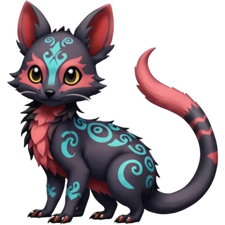 Rare warm-colored exotic cute epic aesthetic gothic colorful Salandit-Eevee-Civet-species-Fakemon-hybrid-creature, with intricate tattoo markings, full body emoji