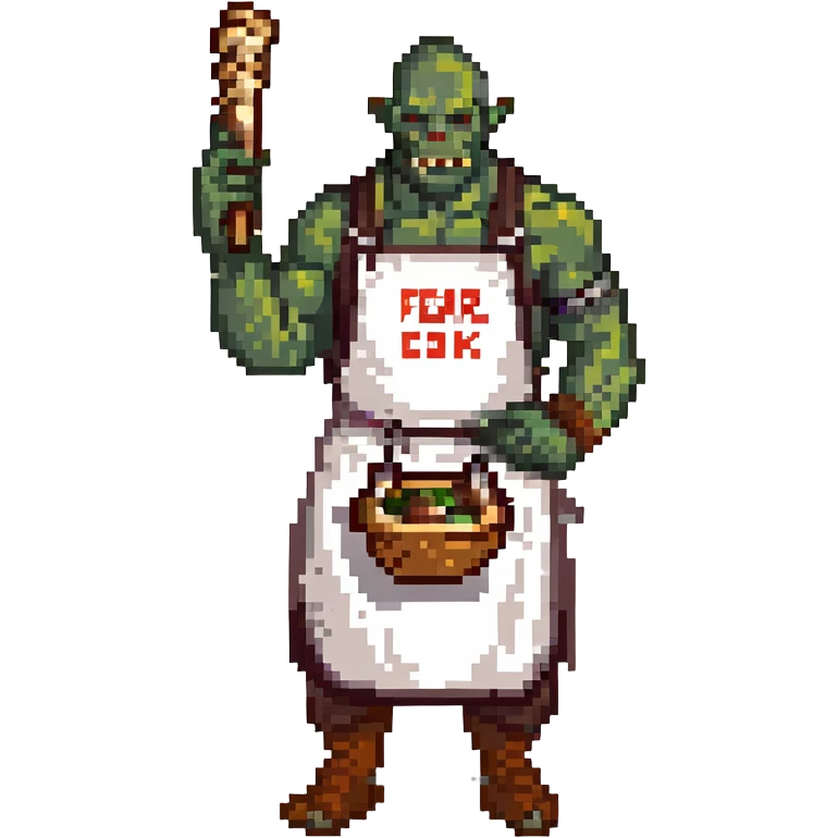 orc male Apron with "Kiss the Cook" (scratched out, replaced with "Fear the Cook"), giant rib bone as a weapon. emoji
