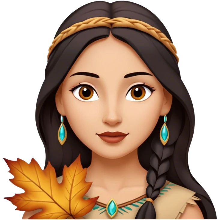 Cinematic Playful Pocahontas Portrait Emoji, Tilting her head with a knowing smirk, holding a delicate autumn leaf, eyes glimmering with adventure, an enchanting blend of confidence and charm, absolutely captivating! emoji