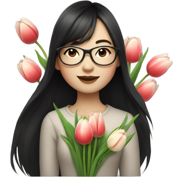 asian pale skin girl with long black shaking hair and bangs and glasses holding tulips emoji