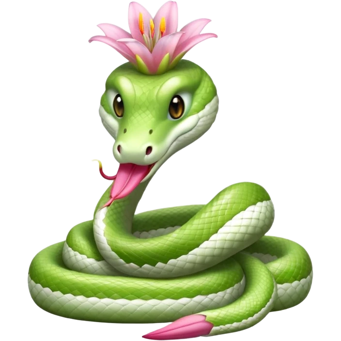 A cute, friendly, fluffy, light green and white snake
with a pink lily flower on its head
(no sting) emoji