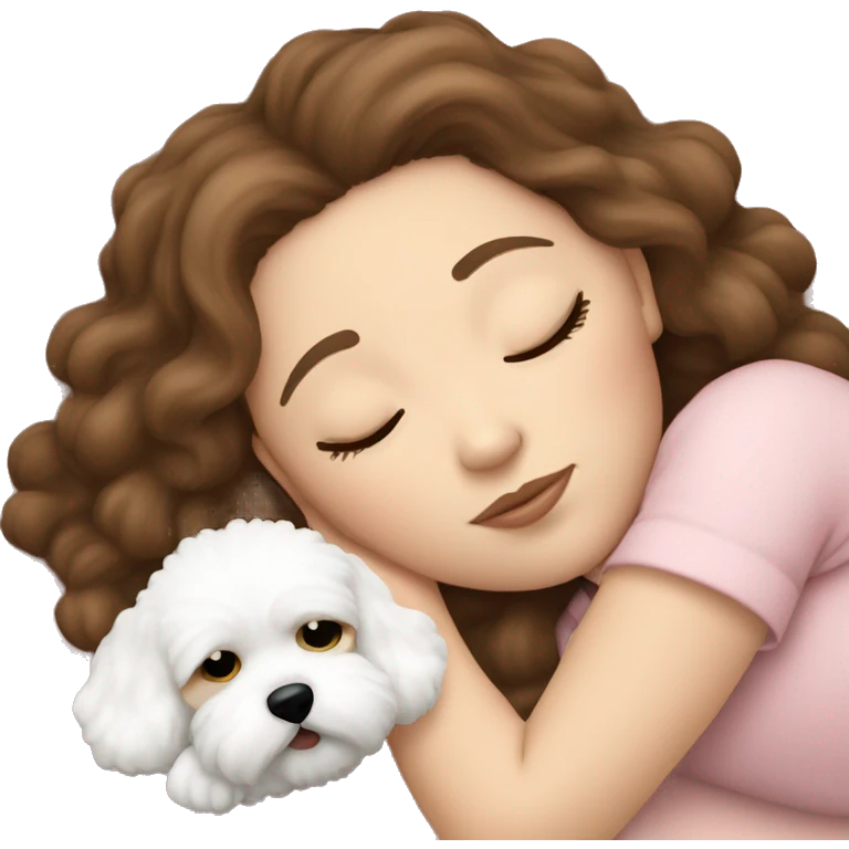 White girl brown hair sleeping with Mini Bichon emoji