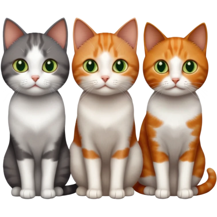3 different coloured tiny short haired cats, including a dark grey and white cat with green eyes,and  a ginger and white with orange eyes and a brown tabby and white with hazel eyes emoji