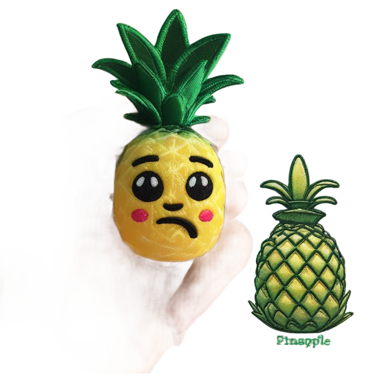 3D elegant shy pineapple  🍍 with big shiny eyes. The pineapple is embroidered ☺️ emoji