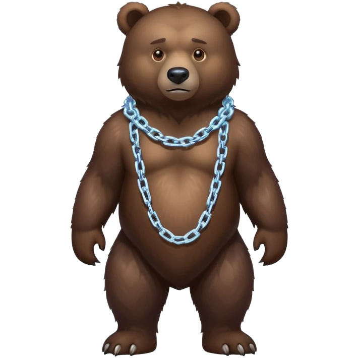 Very realistic dark brown bear standing on all four legs with intimidating gaze, wearing only a plain ice chain around its neck emoji