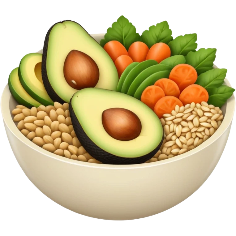 Minimalistic flat vector icon, iOS style, thin black contour on white background. Bowl with vegetables, grains, and avocado slices inside. Clean, no text, no shadows emoji