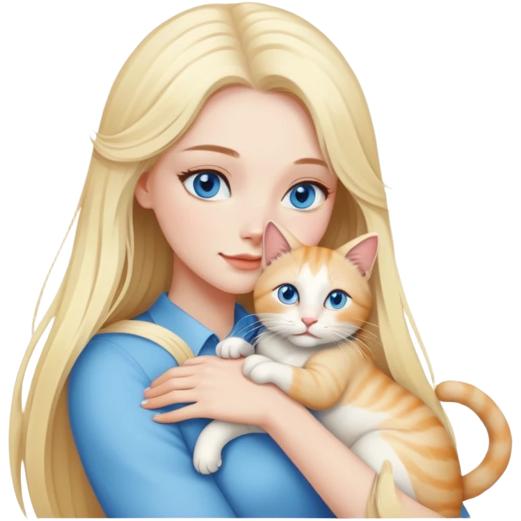 pretty woman with pale skin and with BLUE eyes and very long blonde hair  hugging a bicolor cat emoji
