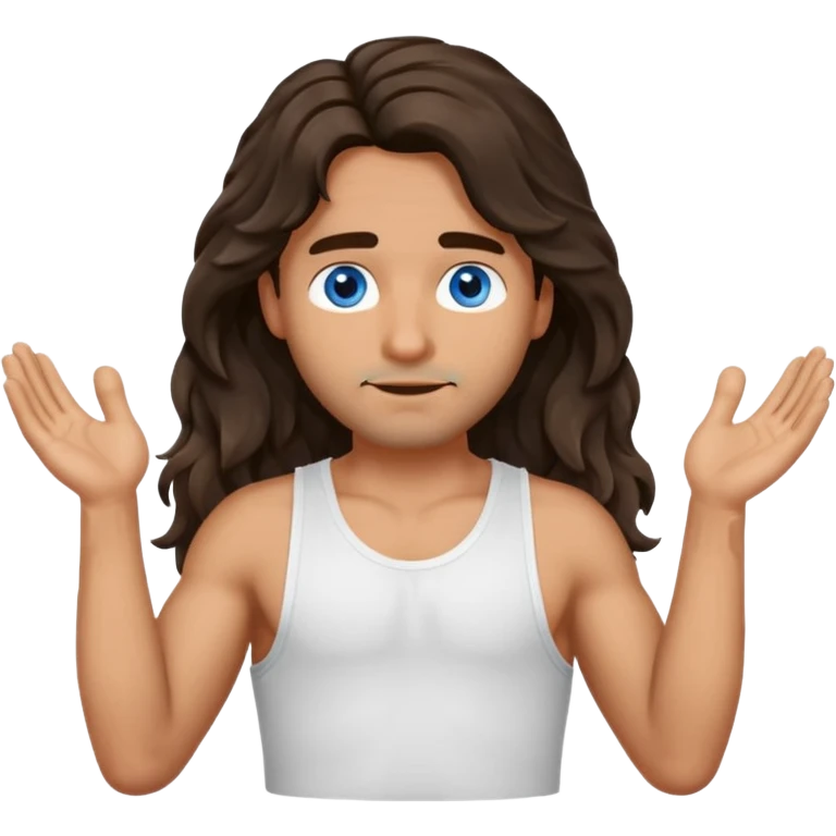 Men with olive skin, blue eyes, brown dark insanely wavy long hair, white camisole, left hand palm up crossing arms in front of face emoji