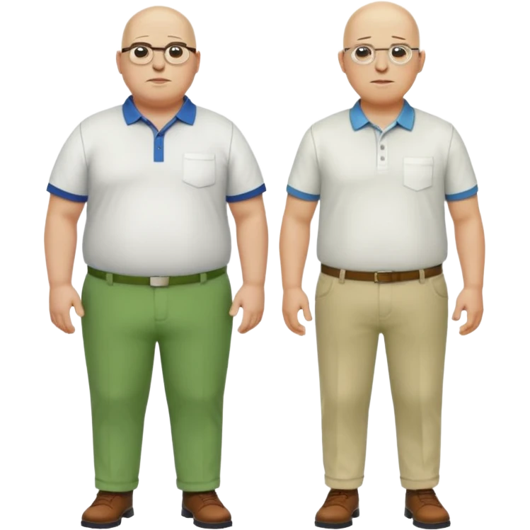 two guys, the first guy is white bald have glases a white dressshirt with rolled up sleeves and green pants he is over weight, The second guy has a yellow skin white golf shirt blue jeans and bald they should stand next to eachother they are both really fat  emoji