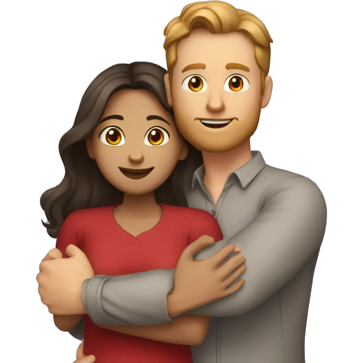 A taller Indian woman with long hair and tight fitting gray colored clothes (darker tights) hugs a shorter white man with a red shirt and brown hair emoji