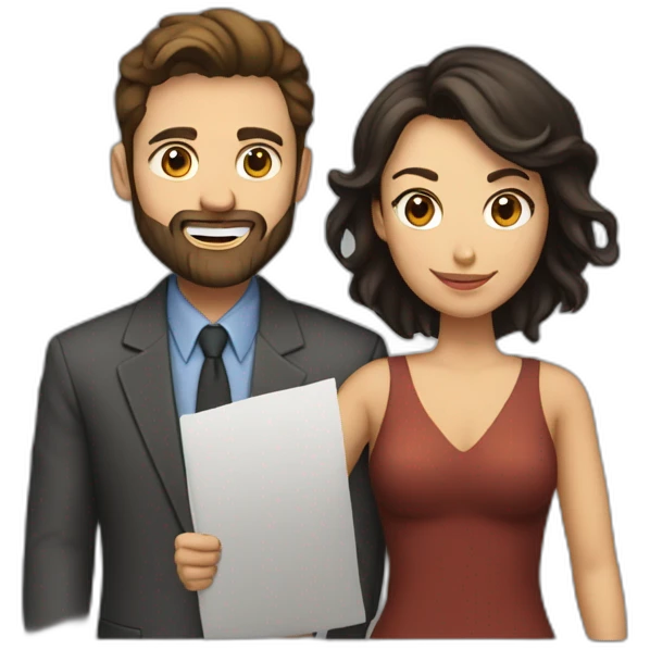 character couple with entrepreneurial man with straight brown hair and beard next to black-haired woman character emoji