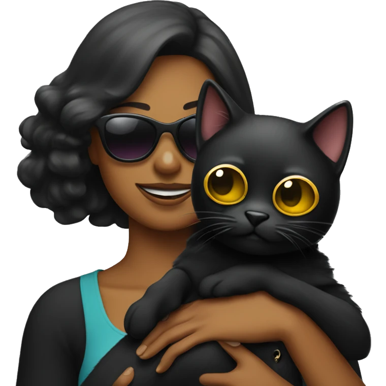 Black cat being held by a woman with sunglasses emoji