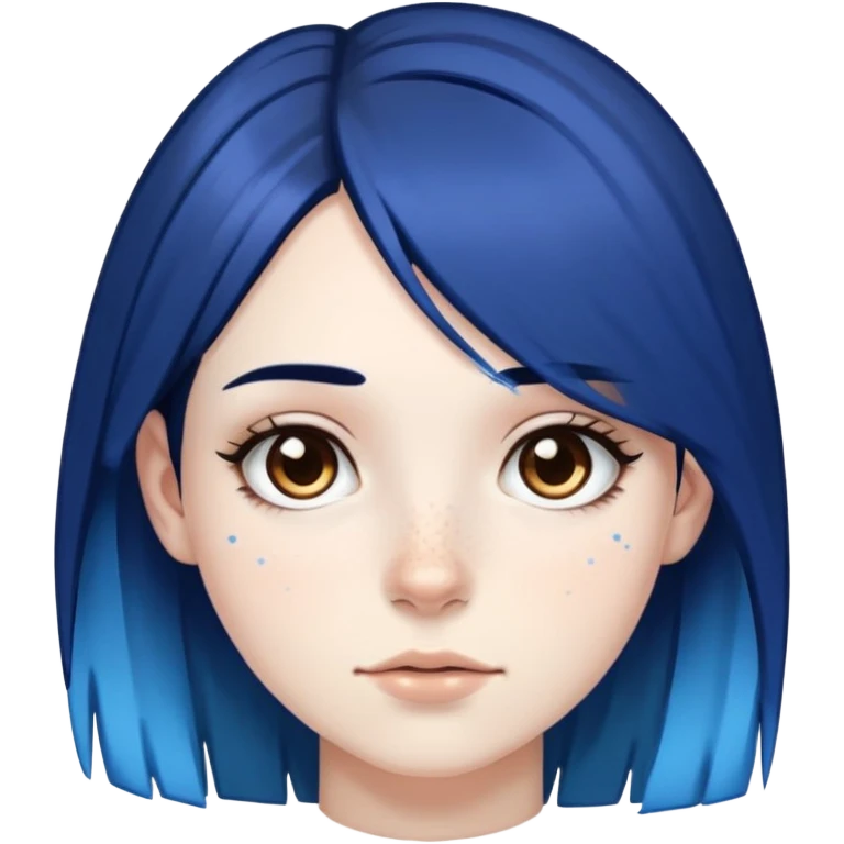 Pale girl with brown eyes, freckles, black hair, with two strips of blue hair emoji