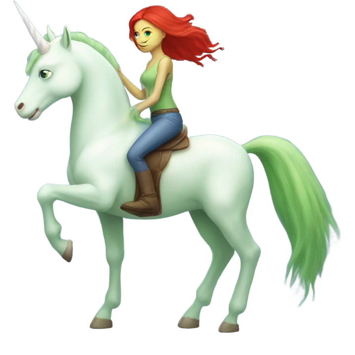 [politically incorrect
	{ woman: alien, color: light green, hair:red, eyes:cat} ]
	on a 
	[{ unicorn: white, legged:four, mane: light blue }] emoji