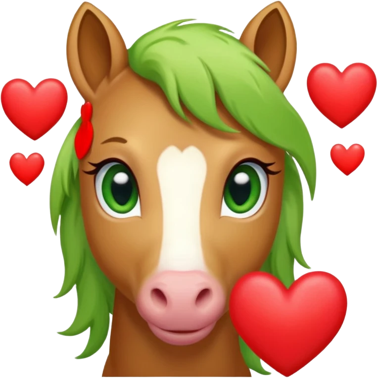 light brown pony with green eyes in love surrounded by red hearts emoji