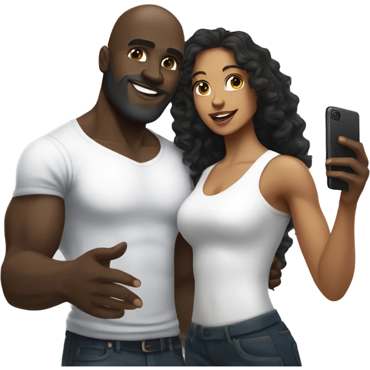 Muscular Dark skin man with bald head and beard taking selfie with light skin woman with long black curly hair emoji