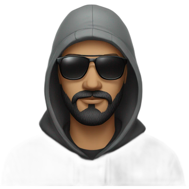a man with black beard, gray Beanie, black sunglasses, that wears a black hoodie emoji