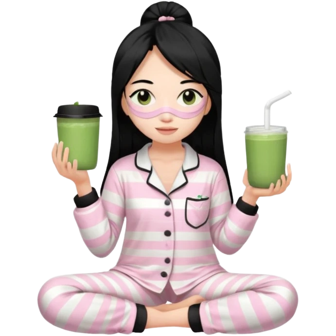chica de pelo lacio color negro cabellera larga piyama blanca con rayas rosa claras peo no tan claras no oscuras el bordado es negro al igual que los botones )tiene una mascarilla para la cara una mascarilla faciial blanca y sostiene un matcha  y es de test blanca  emoji