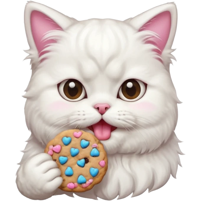 happy white Persian cat eating a cookie, emoji style emoji