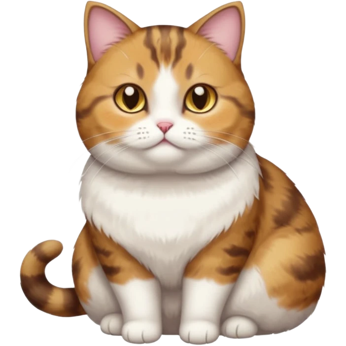 full body torbie and white cat with small head, hazel eyes, and short but chubby body emoji