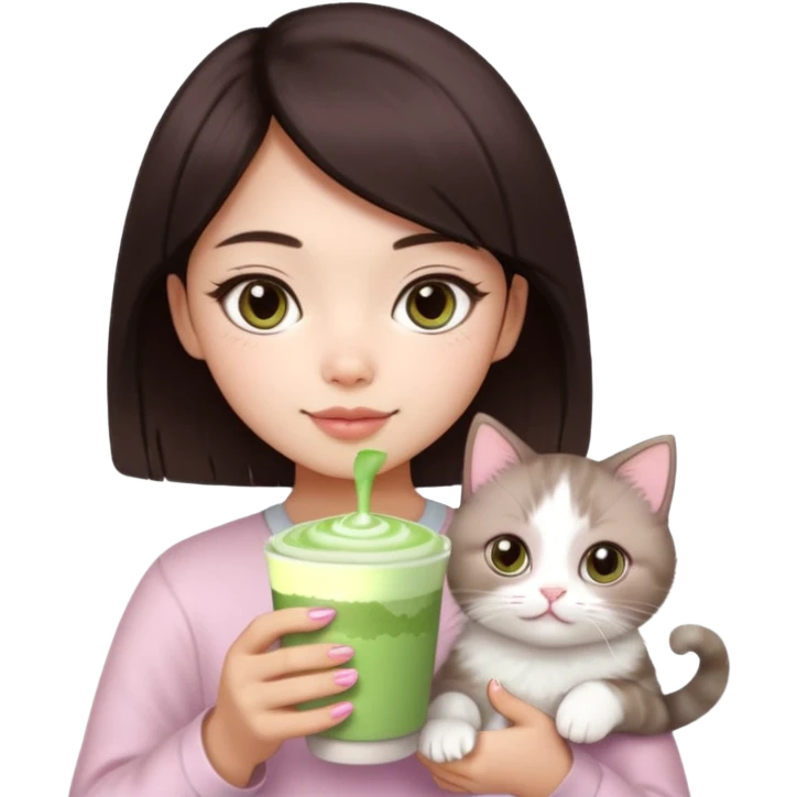 asian girl with short dark brown hair and dark brown eyes with a soft girl pink glowup aesthetic, matcha latte, 2 ragdoll cats, and sparkles emoji
