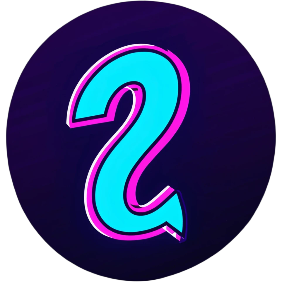 three-dimensional question mark with neon glow effect, blue and purple neon glow on top left, pink neon glow on bottom right emoji