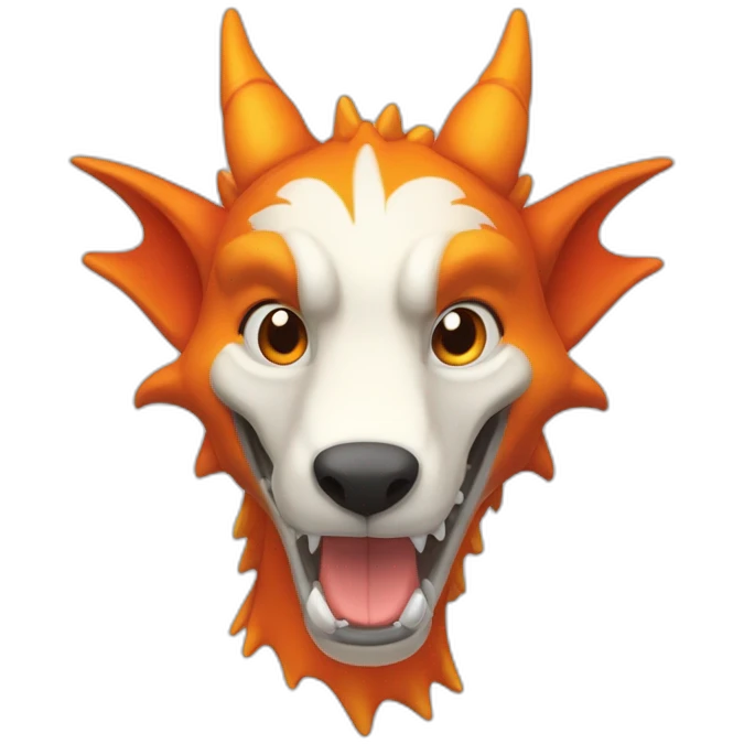 Un dragon mi loup avec des corne de bélier orange moutard. il est de la couleur rouge, bleu, blanc et orange moutardes. Il qui crache du feux emoji