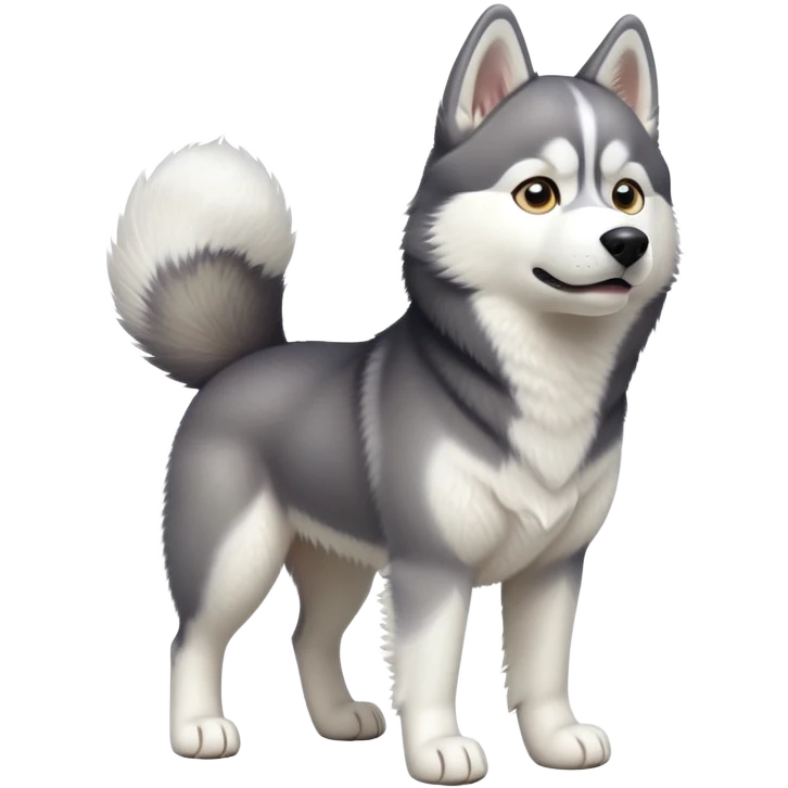 cinematic-[siberian husky]-realistic-full-body-standing-emoji,-tail-resting-loosely-beside-its-paws,-head-tilted-dramatically, -fluffy-[grey and white]-fur,-simplified-yet-realistic-focused-features,-highly-detailed,-glowing-with-an-almost-sarcastic-glow emoji