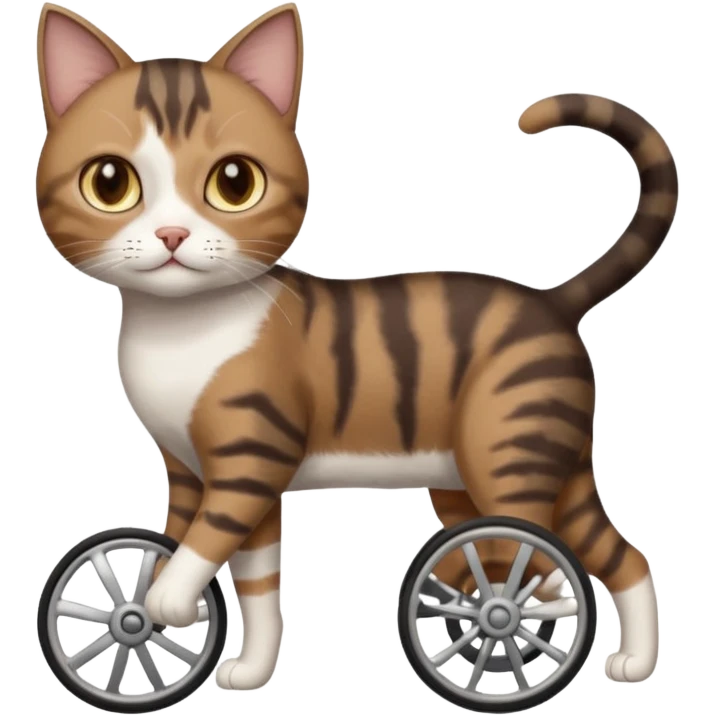 full body small short hair dark brown and white cat with hazel eyes walking in a wheelchair for cats emoji