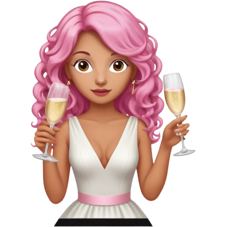 One lady with long pink curled hair and tan skin holding a glass of  pink champagne in each hand emoji