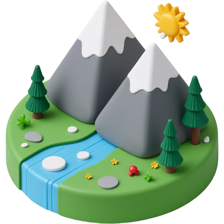 mountains with river flowing and sun emoji