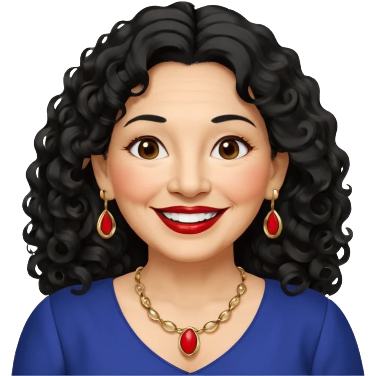 60 yr old Mexican woman, slightly chubby, wavy/curly long black hair, red lipstick, big smile, white teeth, brown eyes, hoop earings, side part to hair, round face, nice blouse, no wrinkle hair side swept, big hoop earing emoji